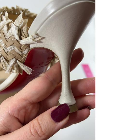 Meroine 85mm raffia Tan Woven fringe heels mules D984 - Picture 5 of 11